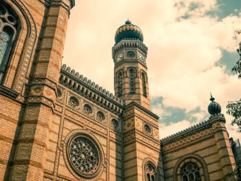 Facade of the Dohány Street Synagogue with twin towers and decorative Moorish Revival architecture in Budapest