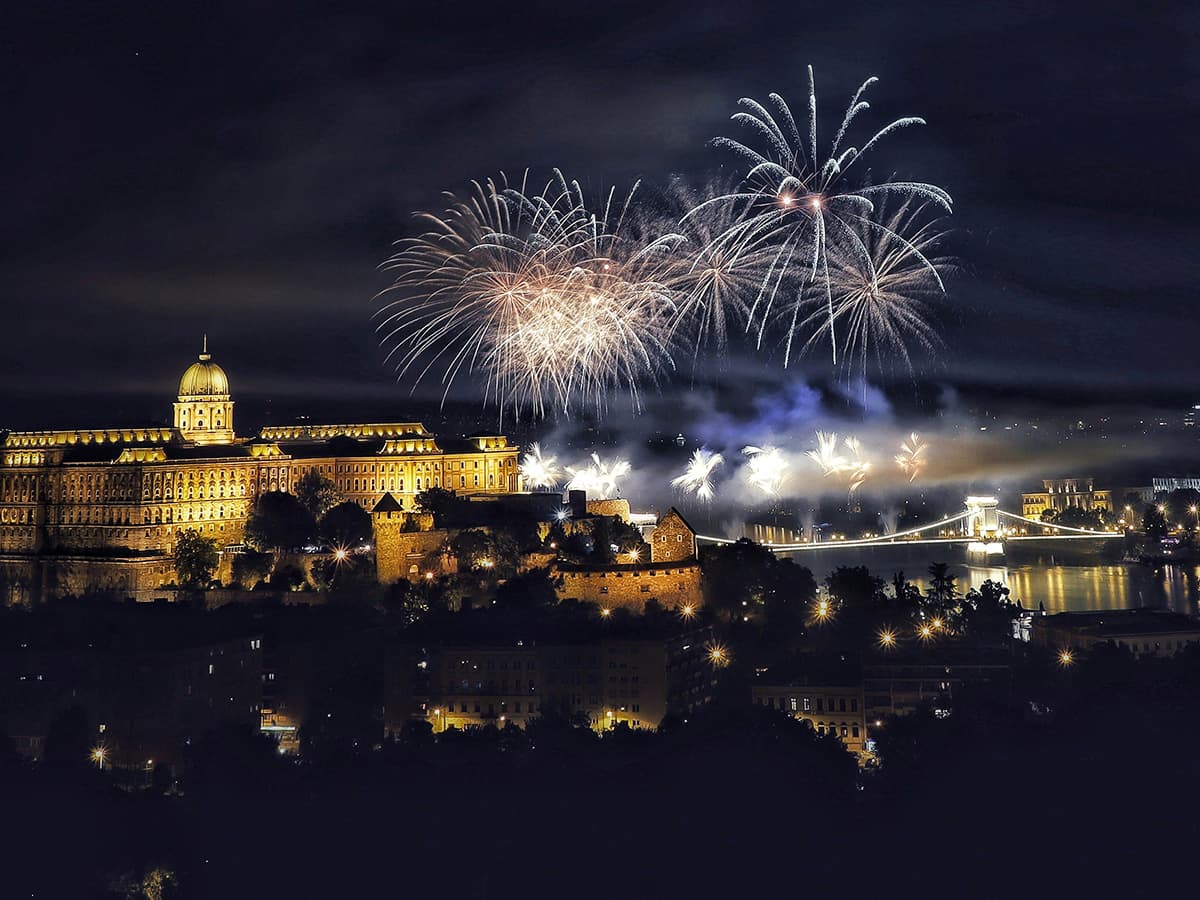 August 20 Fireworks on St. Stephen's Day in Budapest viewing Buda Castle and Chain Bridge