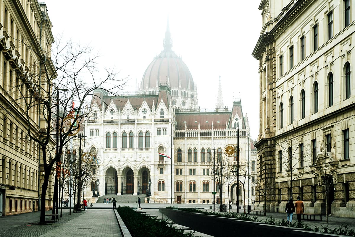 Budapest Parliament Building in Autumn Fog