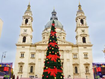 Budapest in December:  Christmas Market with Xmas Tree at St Stephen's Basilica in Winter
