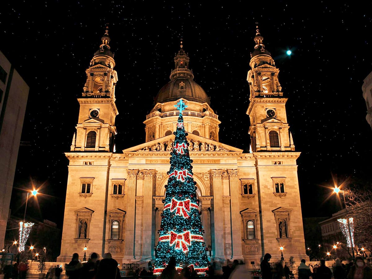 Budapest St Stephens Basilica Christmas Market Evening Lights