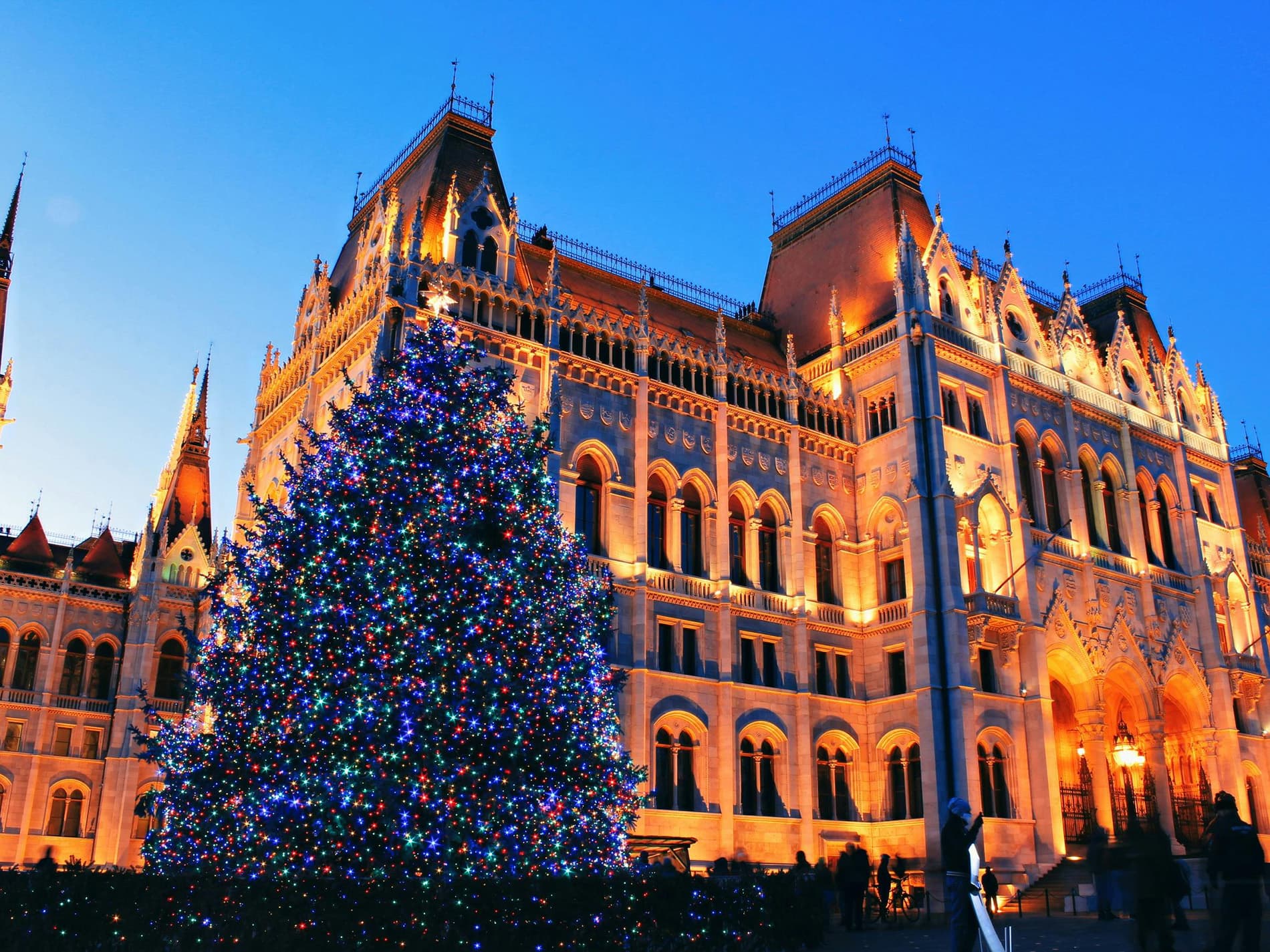 Budapest Parliament at Christmas Time with Hungary's Xmas Tree