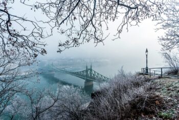 January in Budapest Winter: Frozen Liberty Bridge over the Danube