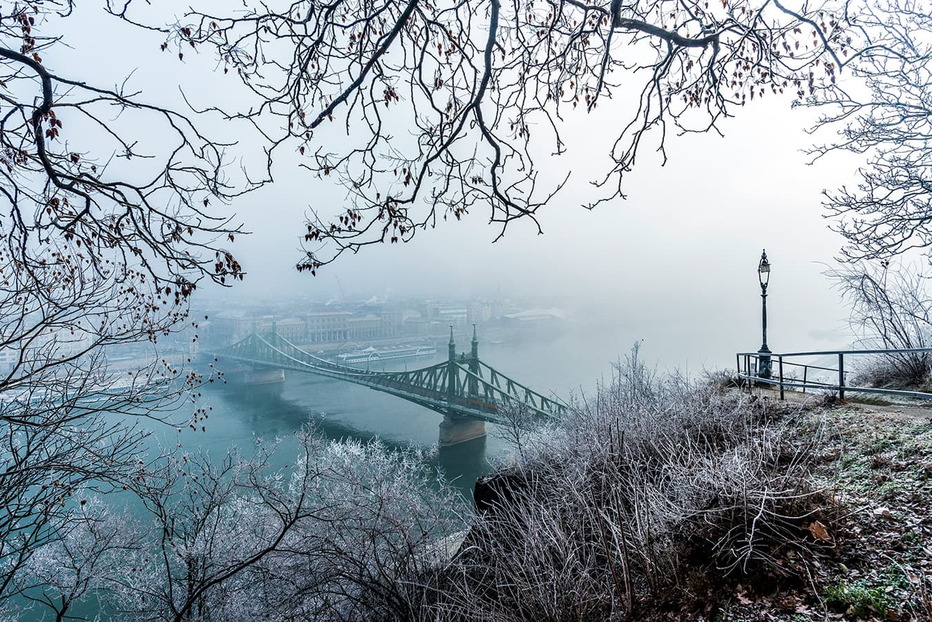 January in Budapest Winter: Frozen Liberty Bridge over the Danube