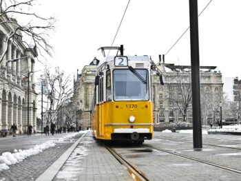 Budapest Tram 2 in Winter around the Hungarian Parliament